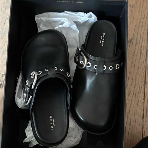 Rag & Bone Black Leather Clogs with Silver Accents - Picture 1 of 3